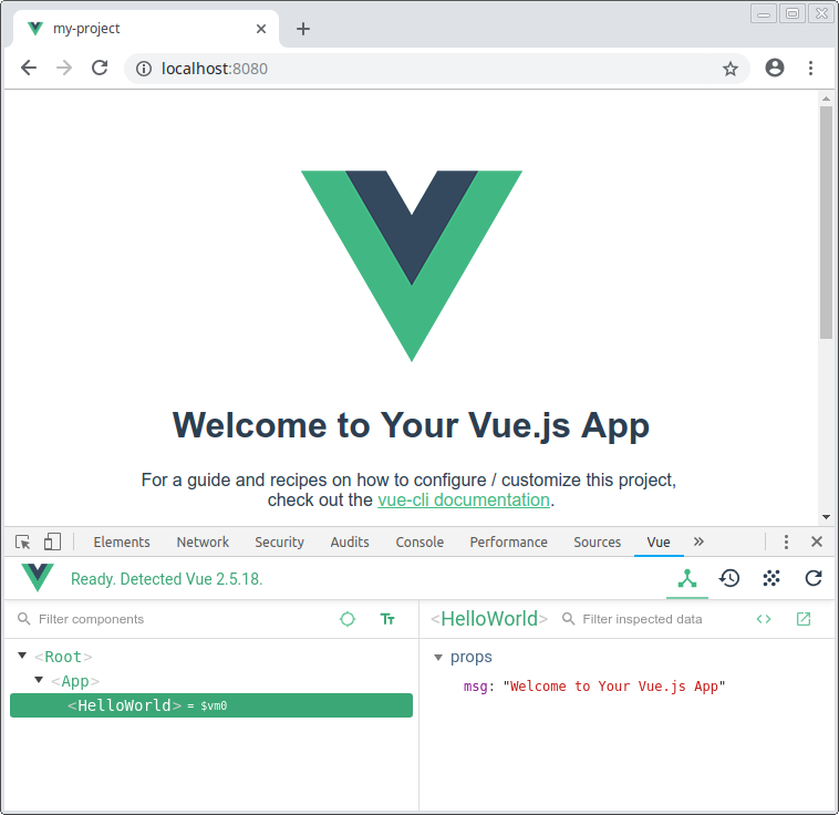 Инструменты браузера Vue, отображающие дерево компонентов