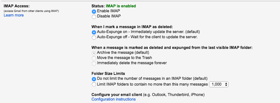 Включен IMAP в Gmail