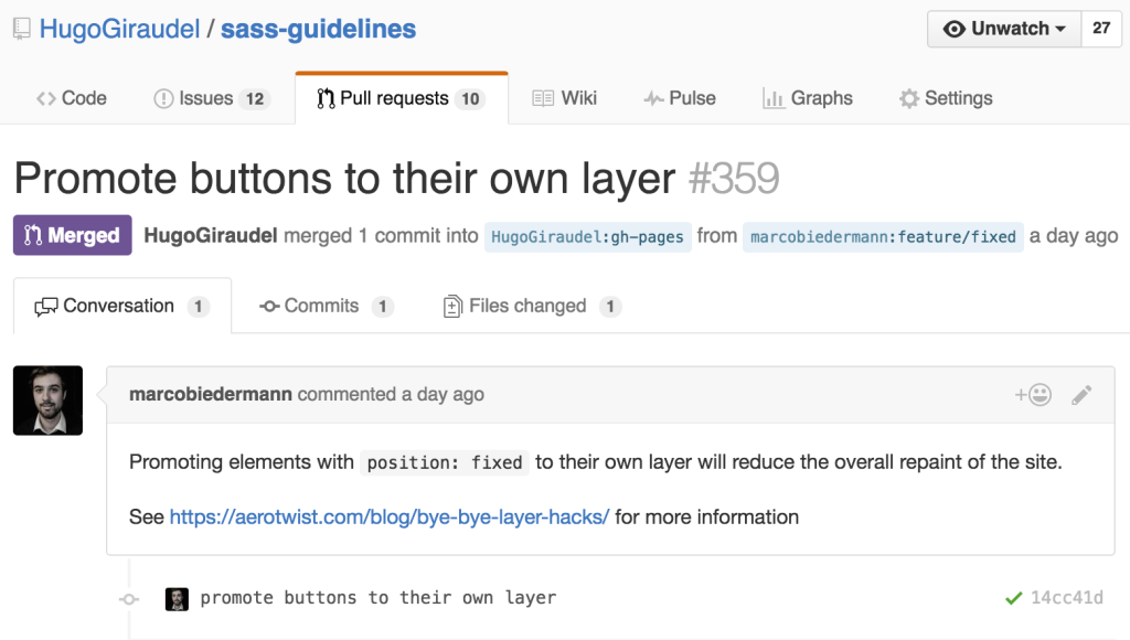 Пример объединенного пул-запроса в репозитории Sass Guidelines на GitHub