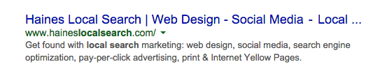 Результат поиска Google с частичным названием. Заголовок гласит: Haines Локальный поиск, веб-дизайн, социальные сети, локальные, а затем многоточие.