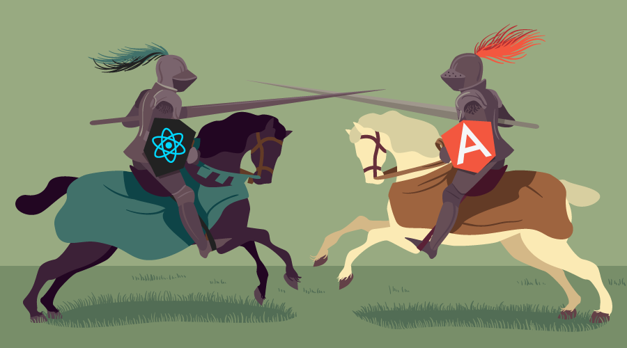 Борьба двух рыцарей с логотипами React и Angular на щитах