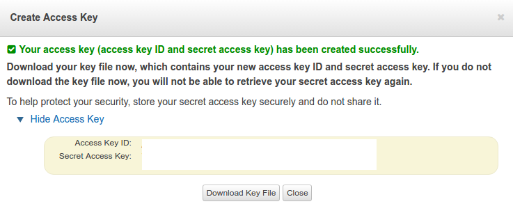 сгенерированный ключ доступа и секретный ключ