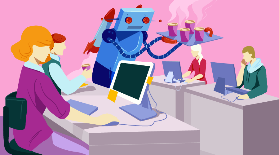 Человекоподобный робот (созданный с помощью Microsoft Bot Framework?), Подающий кофе офисным работникам