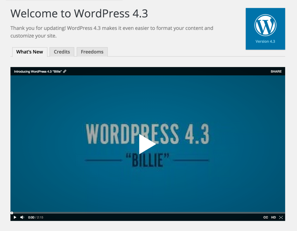 Добро пожаловать на экран WordPress 4.3