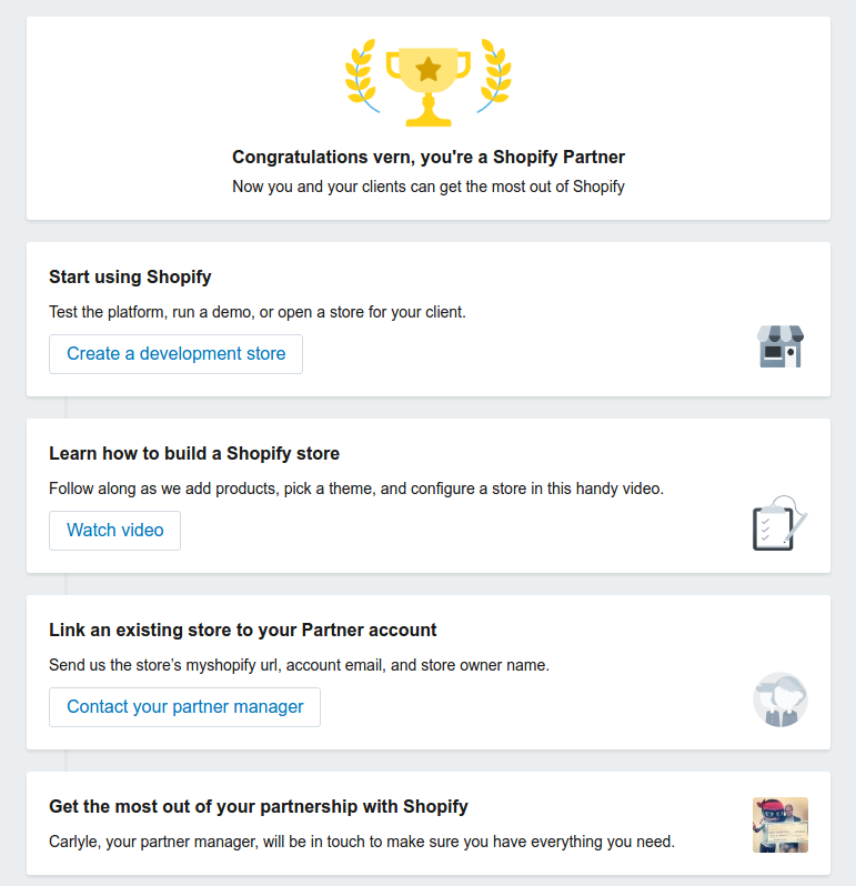 Страница успеха Shopify Partner