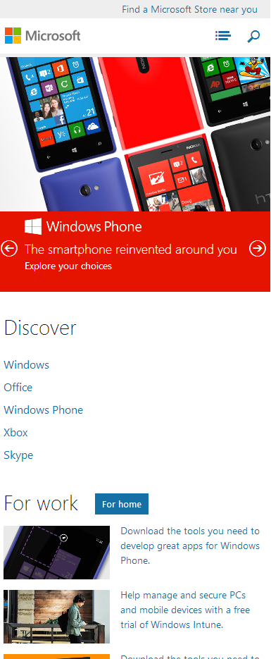 Microsoft.com как разработано для мобильных телефонов