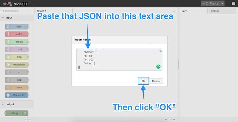 Вставка образца данных JSON и нажатие OK