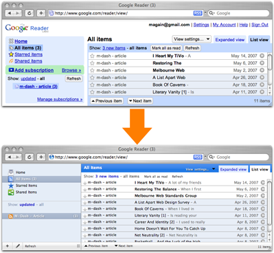 До и после сравнения Google Reader в стиле Джона Хикса