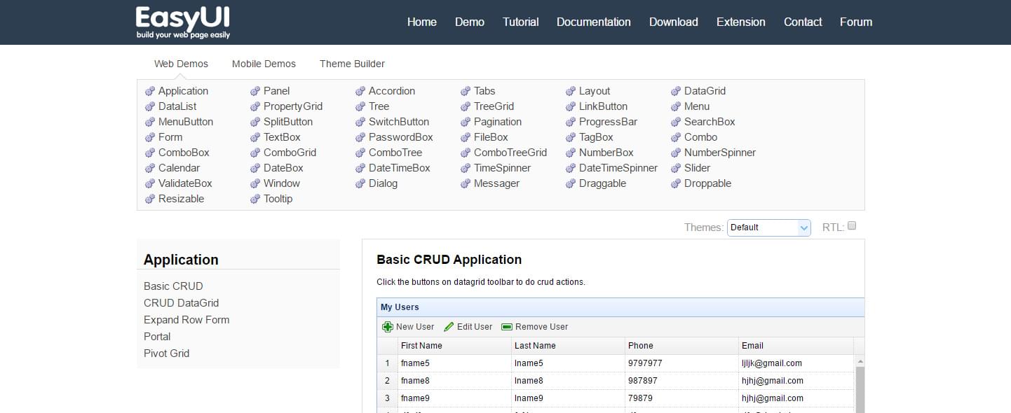 jQuery EasyUI Demo page, showing the Panel Tools control