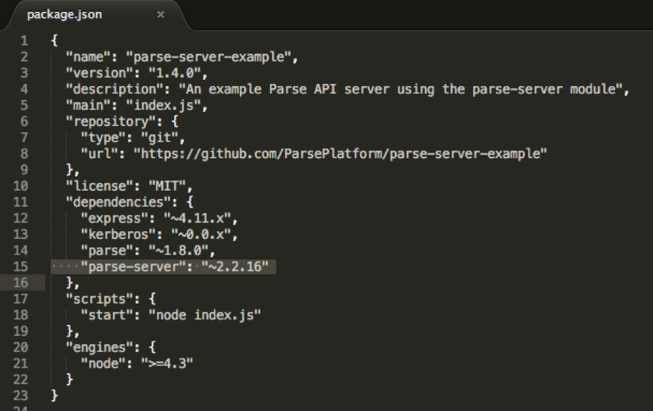 Package.json с информацией об установке сервера Parse