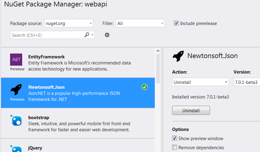 Менеджер пакетов Nuget webapi