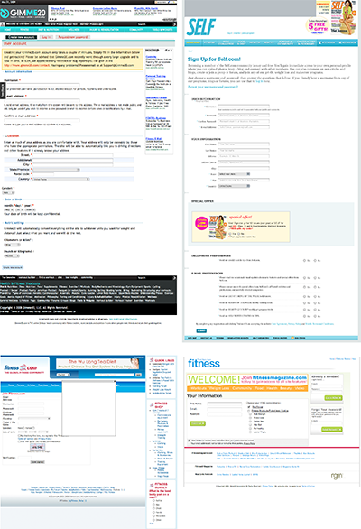 Экраны регистрации для Gimme20, SELF, Fitness.com и Fitness Magazine