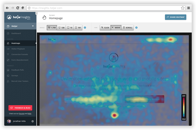 Тепловой интерфейс Hotjar в действии